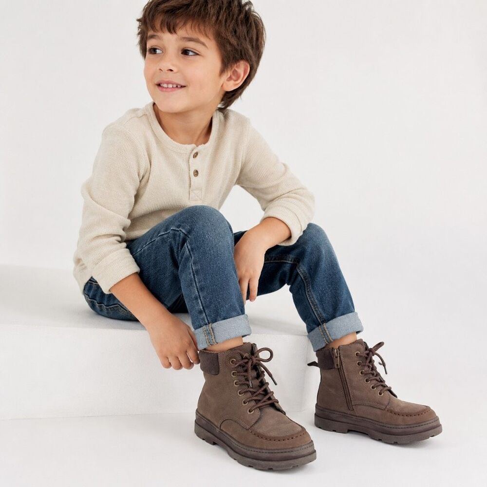 H&M Boys Size 1 Brown Faux Suede Moc Toe Lace Up Zip Chunky Sole Utility Boots